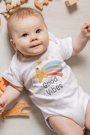 Good Vibes Baskılı Kısa Kollu Beyaz Bebek Body Badi Çıtçıtlı Zıbın 5387