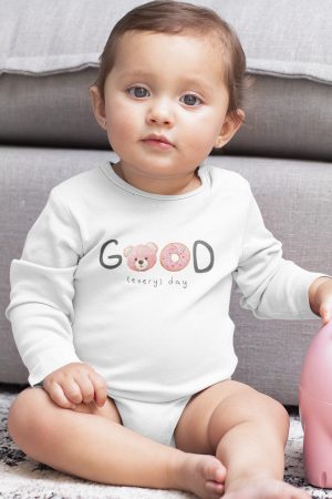 Teddy Bear Donut Baskılı Uzun Kollu Beyaz Bebek Body Badi Çıtçıtlı Zıbın 5390-U