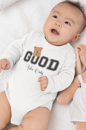 Good Vibes Only Teddy Bear Baskılı Uzun Kollu Bebek Body Badi Zıbın 5392-U