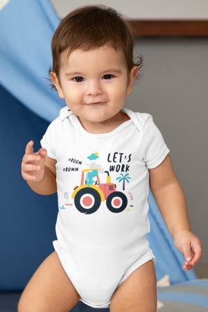 Lets Work Traktör Baskılı Kısa Kollu Beyaz Bebek Body Badi Çıtçıtlı Zıbın 5396