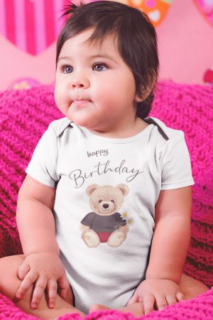 Teddy Bear Happy Birthday Baskılı Kısa Kollu Bebek Body Badi Çıtçıtlı Zıbın 5405