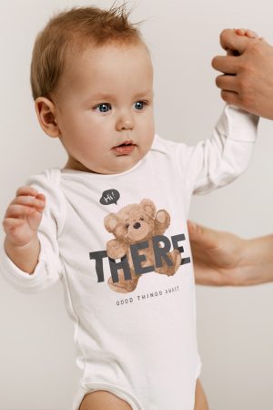 Teddy Bear Uzun Kollu Beyaz Bebek Body Badi Çıtçıtlı Zıbın 5406-U