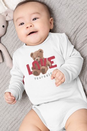 Teddy Bear Love Baskılı Uzun Kollu Beyaz Bebek Body Badi Zıbın 5408-U