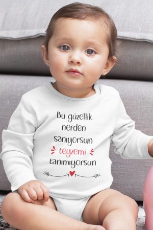 Teyze Baskılı Uzun Kollu Bebek Body Beyaz Badi Çıtçıtlı Zıbın 5412-U