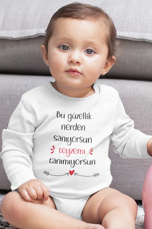 Teyze Baskılı Uzun Kollu Bebek Body Beyaz Badi Çıtçıtlı Zıbın 5412-U