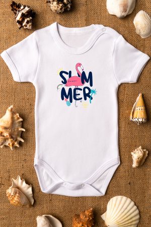 Summer Flamingo Baskılı Bebek Body Beyaz Badi Zıbın 5427