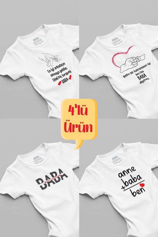 Baba Baskılı 4'lü Bebek Body Beyaz Badi Zıbın 5000-4LU