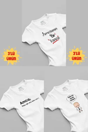 Amca Baskılı 3'lü Kısa Kollu Beyaz Bebek Body Zıbın 5055-5183-5247