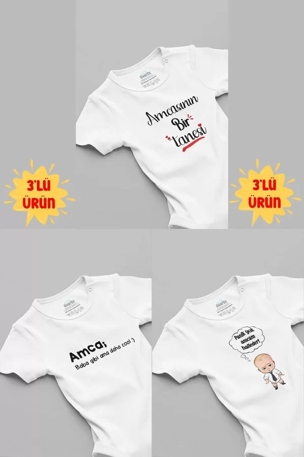 Amca Baskılı 3'lü Kısa Kollu Beyaz Bebek Body Zıbın 5055-5183-5247