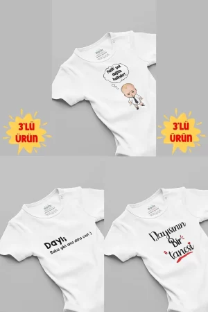 Dayı Baskılı 3'lü Kısa Kollu Beyaz Bebek Body Zıbın 5056-5184-5249