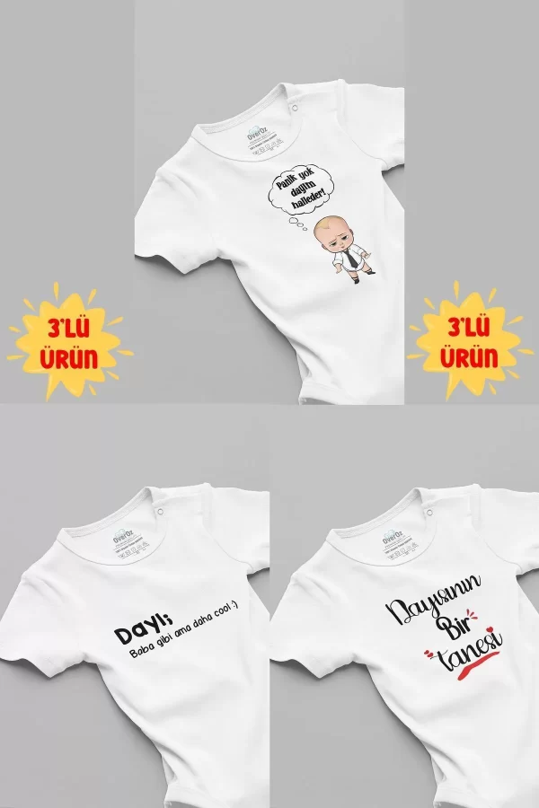Dayı Baskılı 3'lü Kısa Kollu Beyaz Bebek Body Zıbın 5056-5184-5249