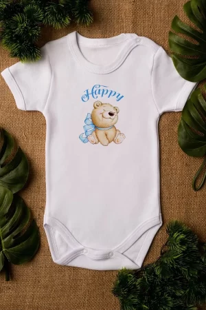 Mutlu Ayıcık Happy Baskılı Bebek Body Badi Çıtçıtlı Zıbın Tulum 5102
