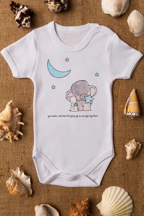 Fil Ve Tavşan Baskılı Bebek Body Badi Çıtçıtlı Zıbın Tulum 5104