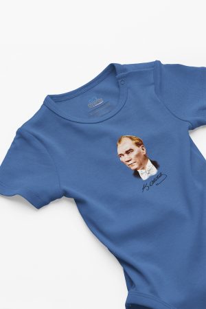 Atatürk Baskılı Kısa Kollu Mavi Bebek Body Badi Çıtçıtlı Zıbın Tulum 5111-M