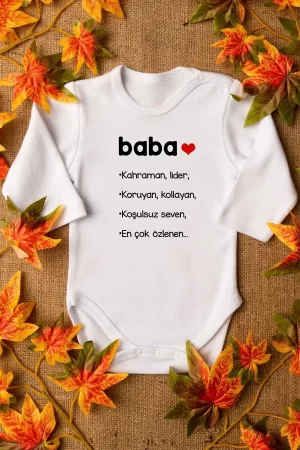 Baba Yazılı Uzun Kollu Bebek Body Beyaz Badi Zıbın 5118-U