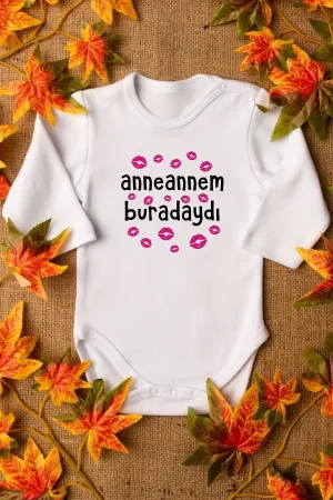 Anneannem Buradaydı Yazılı Öpücük Baskılı Uzun Kollu Bebek Body 5123-U