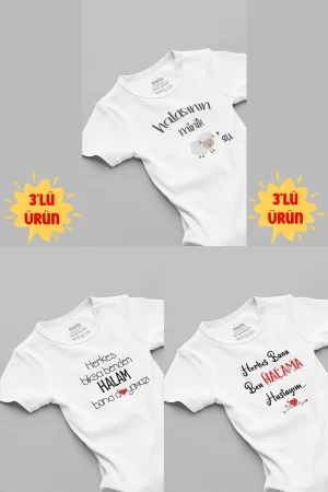 Hala Baskılı 3'lü Kısa Kollu Beyaz Bebek Body Zıbın 5135H-5137-5165
