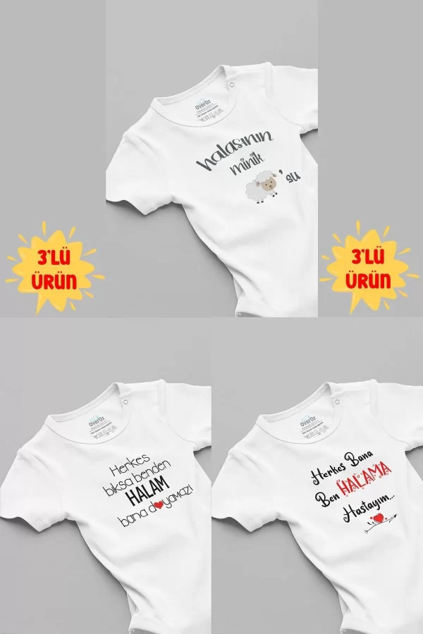 Hala Baskılı 3'lü Kısa Kollu Beyaz Bebek Body Zıbın 5135H-5137-5165