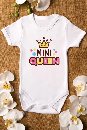 Mini Queen Kraliçe Baskılı Kısa Kollu Bebek Body Çıtçıtlı Badi Zıbın Tulum 5150