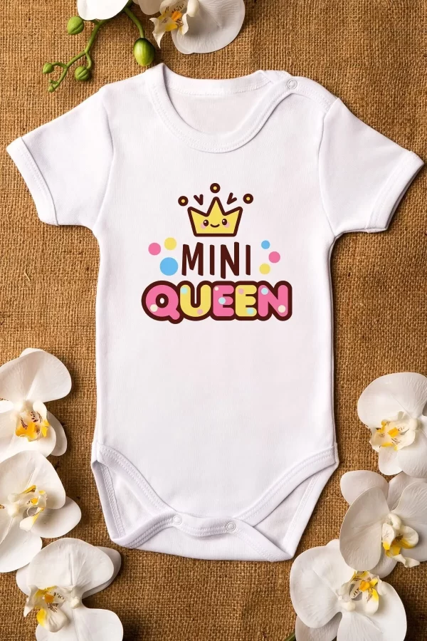 Mini Queen Kraliçe Baskılı Kısa Kollu Bebek Body Çıtçıtlı Badi Zıbın Tulum 5150