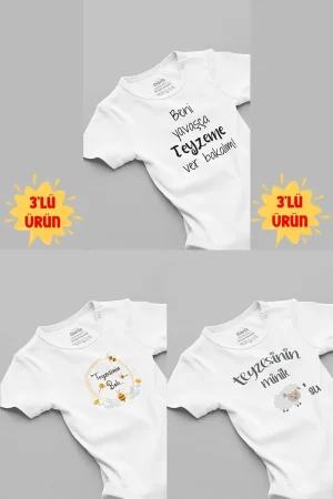 Teyze Baskılı 3'lü Kısa Kollu Bebek Body Zıbın 5159-5135-T-5124