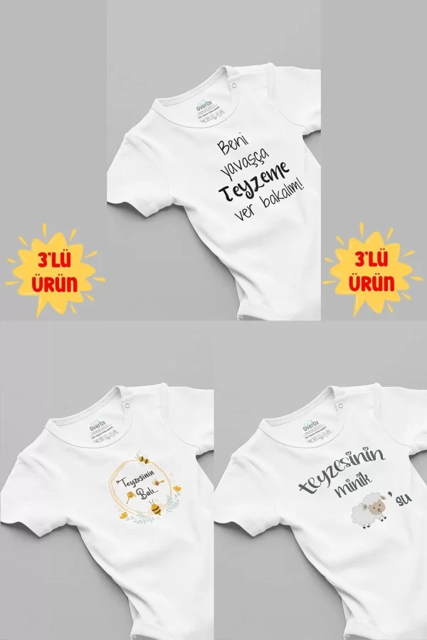 Teyze Baskılı 3'lü Kısa Kollu Bebek Body Zıbın 5159-5135-T-5124