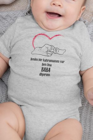Kahraman Baba Yazılı Kısa Kollu Melanj Gri Bebek Body Badi Zıbın 5175-G