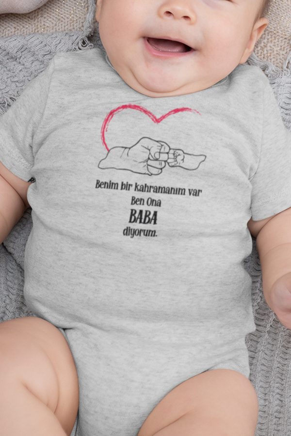 Kahraman Baba Yazılı Kısa Kollu Melanj Gri Bebek Body Badi Zıbın 5175-G