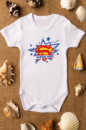 Super Mom Anne Desenli Bebek Body Beyaz Çıtçıtlı Kısa Kollu Badi Zıbın 5195