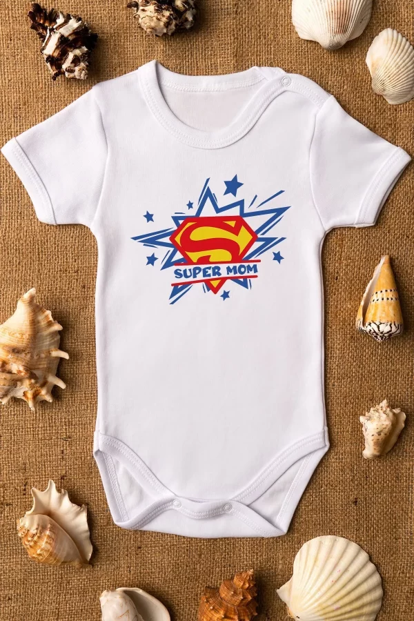 Super Mom Anne Desenli Bebek Body Beyaz Çıtçıtlı Kısa Kollu Badi Zıbın 5195