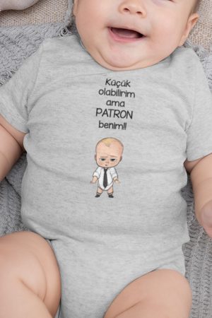 Küçük Olabilirim Ama Patron Benim Baskılı Kısa Kollu Gri Bebek Body Zıbın 5206-G