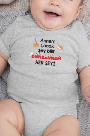 Anneannem Her Şeyi Bilir Baskılı Kısa Kollu Gri Bebek Body Badi Zıbın 5236-G