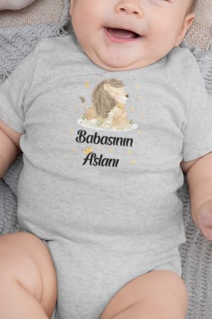 Babasının Aslanı Yazılı Kısa Kollu Melanj Gri Bebek Body Badi Zıbın 5268-G