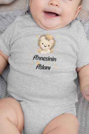 Annesinin Aslanı Yazılı Kısa Kollu Melanj Gri Bebek Body Badi Zıbın 5269-G