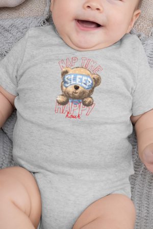 Teddy Bear Nap Time Baskılı Kısa Kollu Melanj Gri Bebek Body Badi Zıbın 5295-G