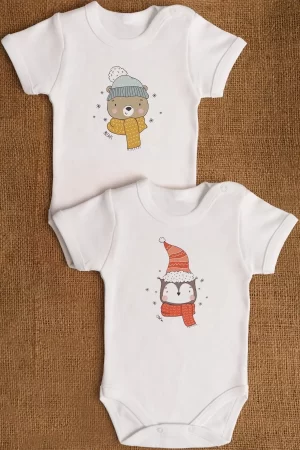 Ayı Baykuş Baskılı 2'li Bebek Body Set Beyaz Çıtçıtlı Badi Zıbın ikili 5328-5329