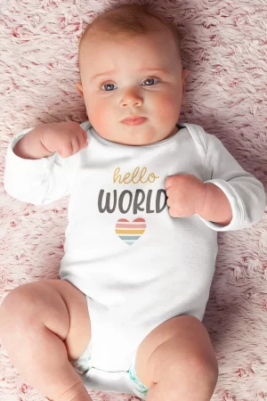 Hello World Baskılı Uzun Kollu Bebek Çıtçıtlı Body Badi Zıbın Tulum 5386-U