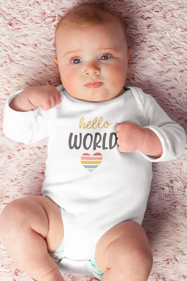 Hello World Baskılı Uzun Kollu Bebek Çıtçıtlı Body Badi Zıbın Tulum 5386-U