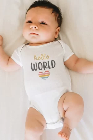 Hello World Baskılı Kısa Kollu Bebek Çıtçıtlı Body Badi Zıbın Tulum 5386