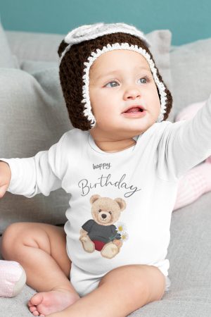 Teddy Bear Happy Birthday Baskılı Uzun Kollu Çıtçıtlı Bebek Body Badi Zıbın 5405-U