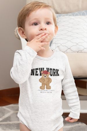 Teddy Bear New York Baskılı Uzun Kollu Çıtçıtlı Bebek Body Badi Zıbın Tulum 5409-U
