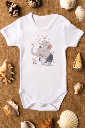 Baba Oğul Fil Baskılı Kısa Kollu Bebek Çıtçıtlı Body Badi Zıbın Tulum 5447