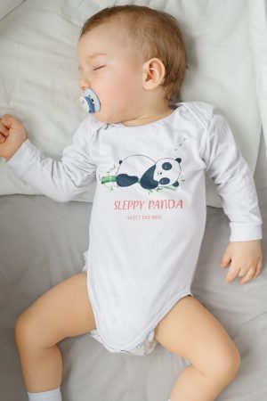 Sleppy Panda Baskılı Uzun Kollu Çıtçıtlı Bebek Body Badi Zıbın Tulum 5470-U
