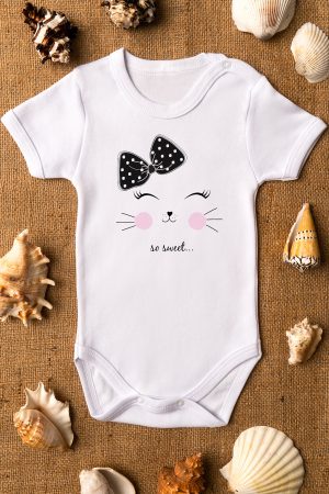 Cat Kedi Baskılı Kısa Kollu Çıtçıtlı Bebek Body Badi Zıbın Tulum 5488