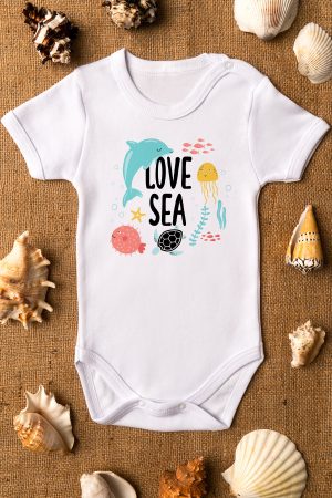 Love Sea Deniz Baskılı Kısa Kollu Çıtçıtlı Bebek Body Badi Zıbın Tulum 5493