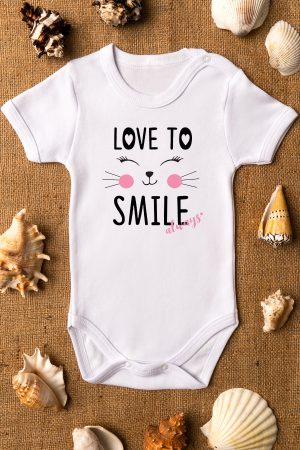 Love To Smile Kedi Baskılı Kısa Kollu Çıtçıtlı Bebek Body Badi Zıbın Tulum 5496