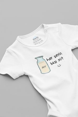 Herşeyin Başı Süt Baskılı Kısa Kollu Çıtçıtlı Bebek Body Badi Zıbın Tulum 5577