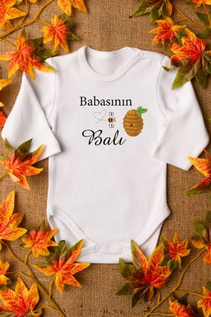 Babasının Balı Baskılı Uzun Kollu Çıtçıtlı Bebek Body Badi Zıbın Tulum 5582-U