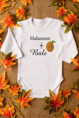 Halasının Balı Baskılı Uzun Kollu Çıtçıtlı Bebek Body Badi Zıbın Tulum 5584-U