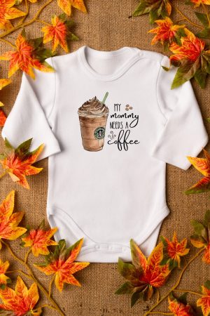 Mommy Needs Coffee Anne Desenli Uzun Kollu Çıtçıtlı Bebek Body Badi Zıbın 5600-U